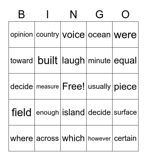 Third Grade Set 1 Bingo Card