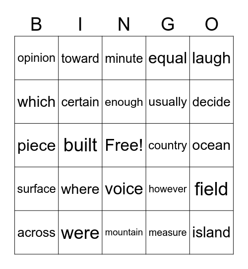 Third Grade Set 1 Bingo Card