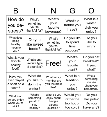 PNI Health Night Bingo Card