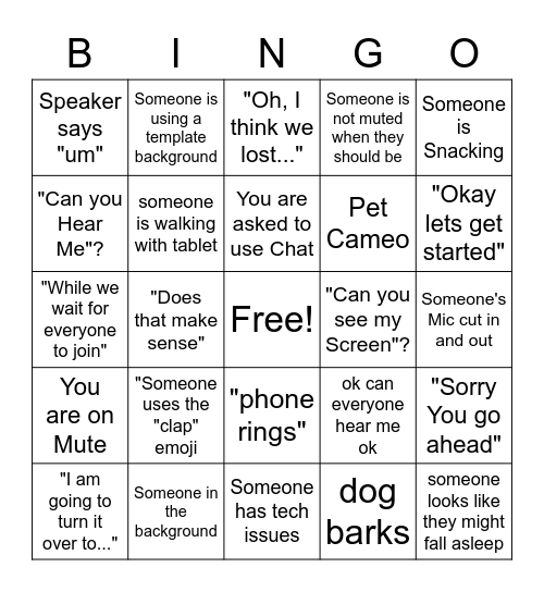 Zoom Meeting Bingo Card