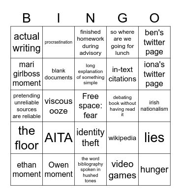 English Class Bingo Card