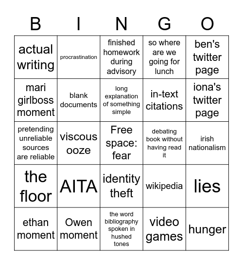 English Class Bingo Card