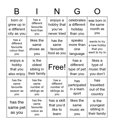 Getting to Know you Bingo Card