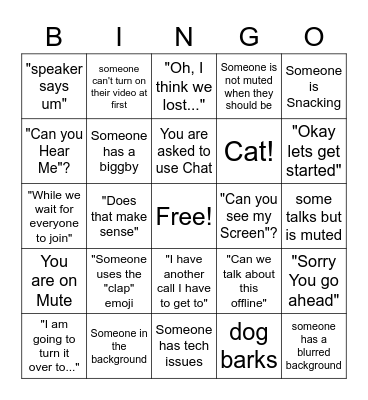 Zoom Meeting Bingo Card