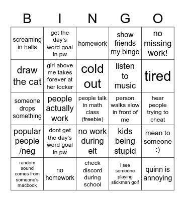 school bingo Card