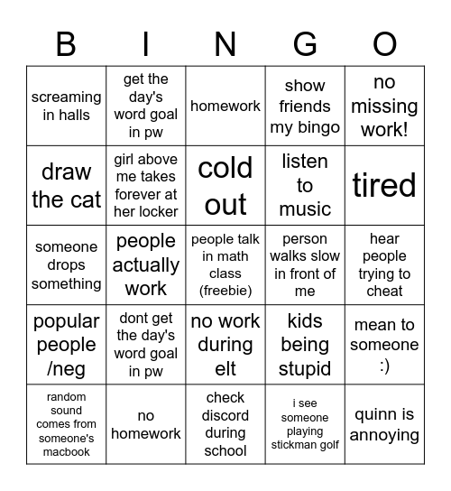 school bingo Card