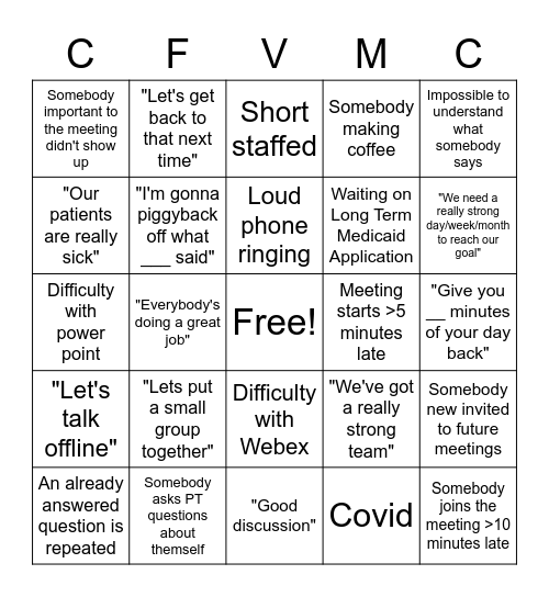 CFV Meeting Bingo Card