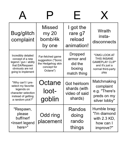 The r/ApexLegends bingo Card