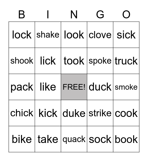 Final /k/ Sound Bingo Card