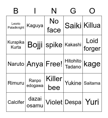 Anime Bingo Card