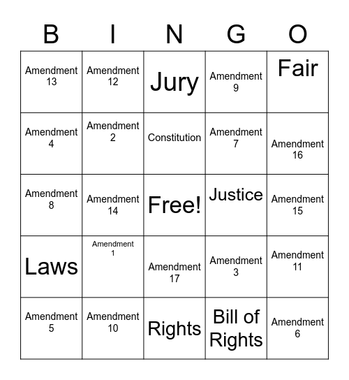 Bills of Rights Bingo Card
