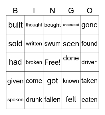 Present Perfect - Irregular Verbs Bingo Card