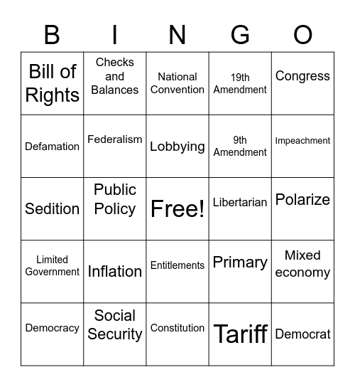 American Government Review Bingo Card