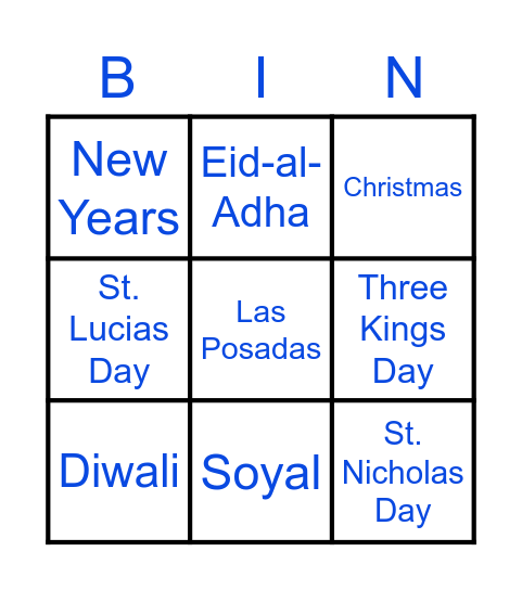 Winter Holidays Around the World Bingo Card