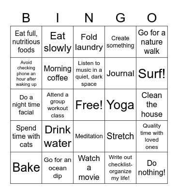 Jane's Self-Care Activities Bingo Card