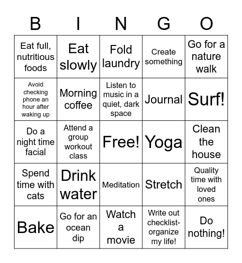 Jane's Self-Care Activities Bingo Card