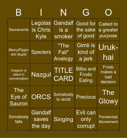 Fellowship of the Ring Bingo Card