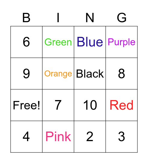 Numbers and colors Bingo Card