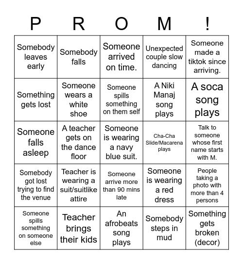 Prom Bingo Card