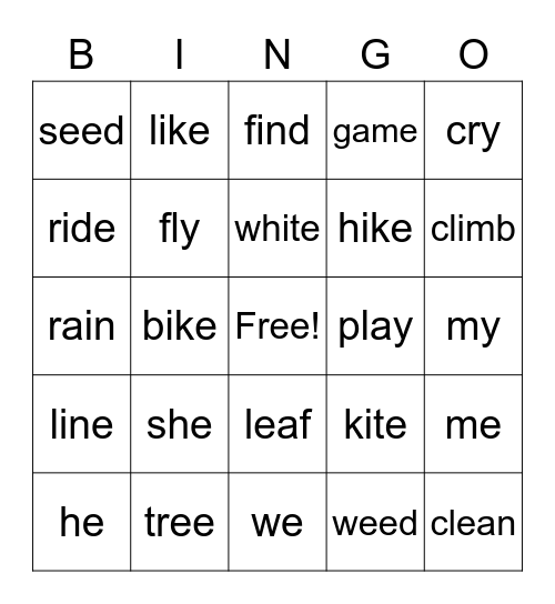 Long Vowel Bingo Card