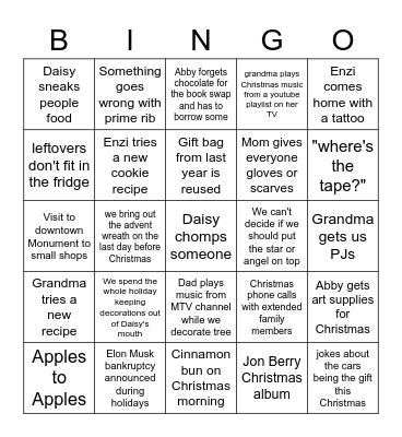 Gaydos Family Christmas Bingo Card