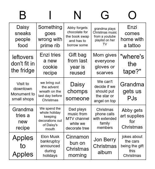 Gaydos Family Christmas Bingo Card