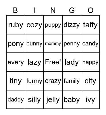 Multisyllable Y says E Bingo Card