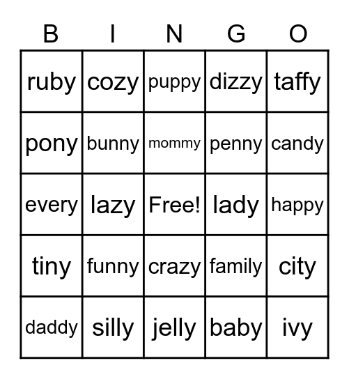 Multisyllable Y says E Bingo Card