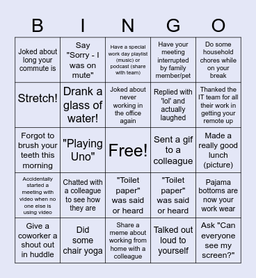 Remote Work Bingo Card