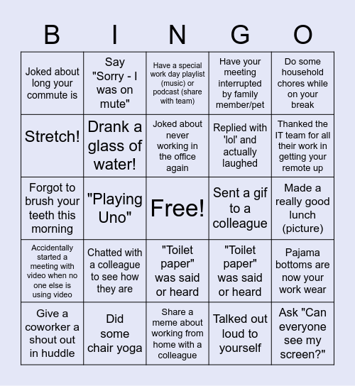 Remote Work Bingo Card