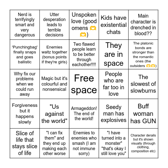 The Fish Ficklepish beloved tropes bingo Card