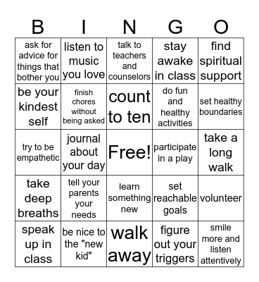 Healthy Skills BINGO Card