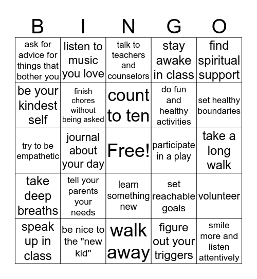 Healthy Skills BINGO Card