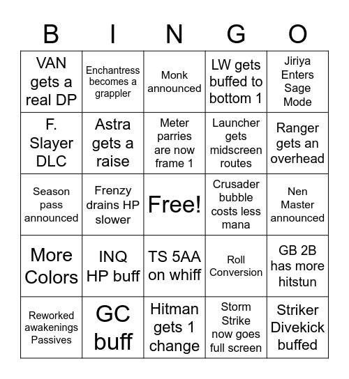 DNF DUEL UPDATE BINGO Card