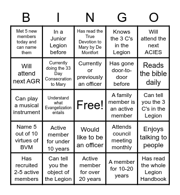 Legion of Mary AGR Bingo Card
