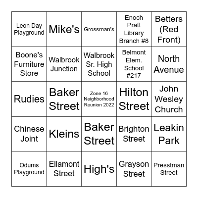 Zone 16 Neighborhood Reunion 2022 Bingo Card