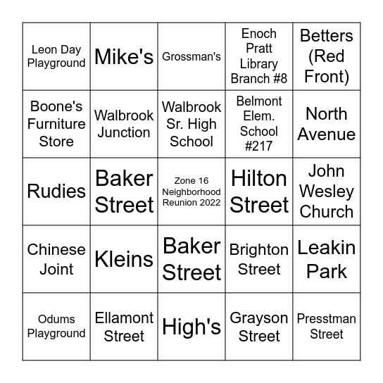 Zone 16 Neighborhood Reunion 2022 Bingo Card