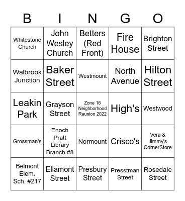 Zone 16 Neighborhood Reunion 2022 Bingo Card