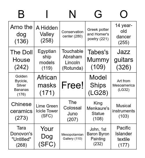 Museum Art Hunt Bingo Card