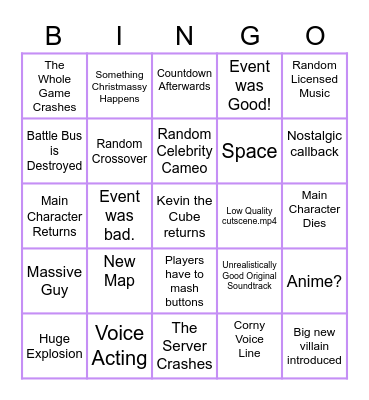 Fortnite Fracture Event Bingo Card