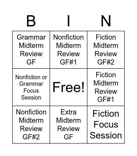 Language Arts Midterm Review Bingo Card