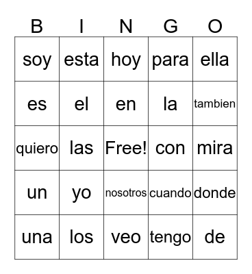 Kindergarten Bilingual Sight Word Bingo Card