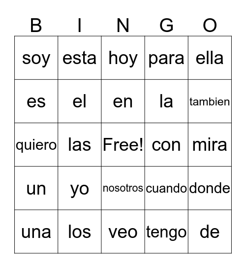 Kindergarten Bilingual Sight Word Bingo Card