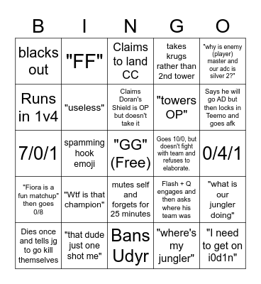 Joe's League of Legends Bingo Card Bingo Card