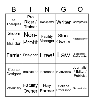 Equine Careers Bingo Card