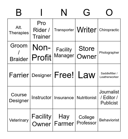 Equine Careers Bingo Card