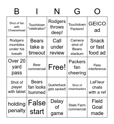 Packers Take Down Da Bears! Bingo Card