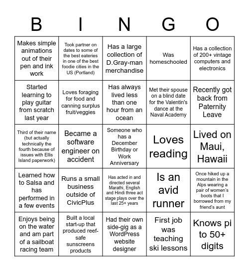 Get to Know You Bingo Card