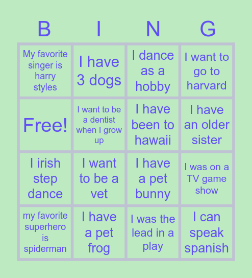 Miss. Heiters classroom fun fact bingo Card