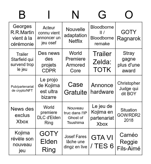 Game Awards Bingo Card